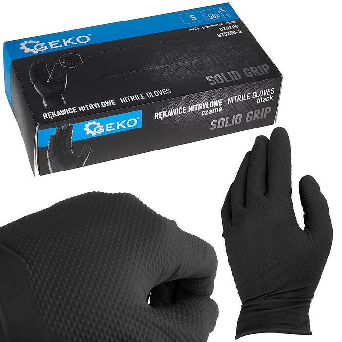 Geko Нитриловые перчатки SOLID GRIP G75200-S, 50 шт., размер S, черный, 3D алмазная текстура, хлорированная внутренняя поверхность (G75200-S)