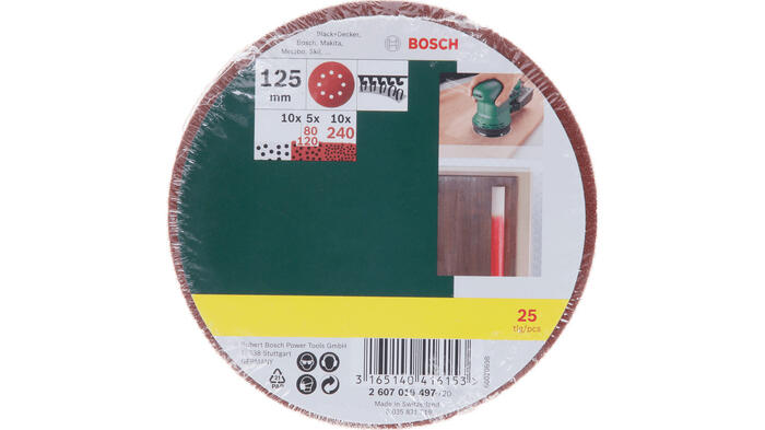 Slīpēšanas papīru komplekts 125 mm, 25 gab., dažādas graudainības, 2607019497 BOSCH (2607019497)