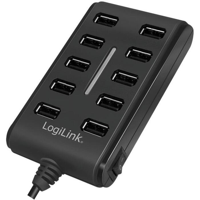 LogiLink USB концентратор UA0125, 10x USB 2.0, 480 Мбит/с, 5В 3.5А, черный, кнопка вкл выкл, защита от перегрузки (UA0125)