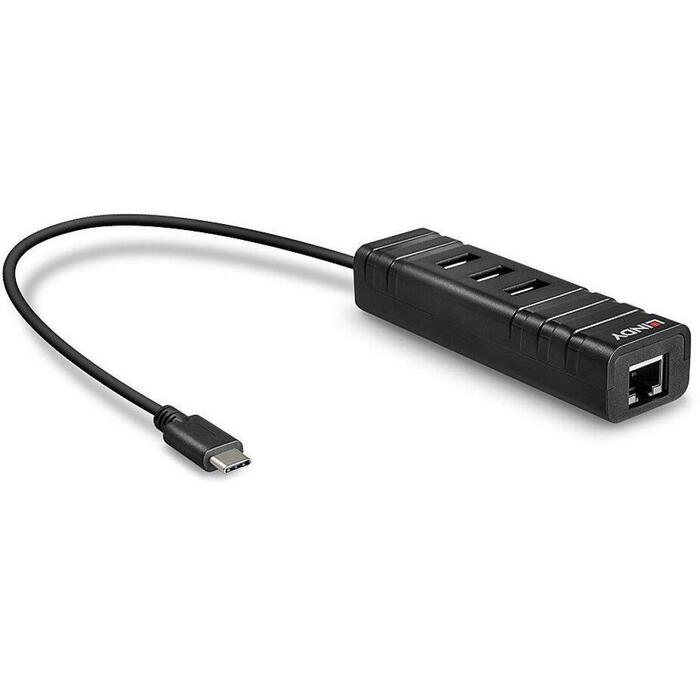 Lindy USB centrmezgls 43249, 3 USB 3.1 porti, 1 RJ45, melns (43249)