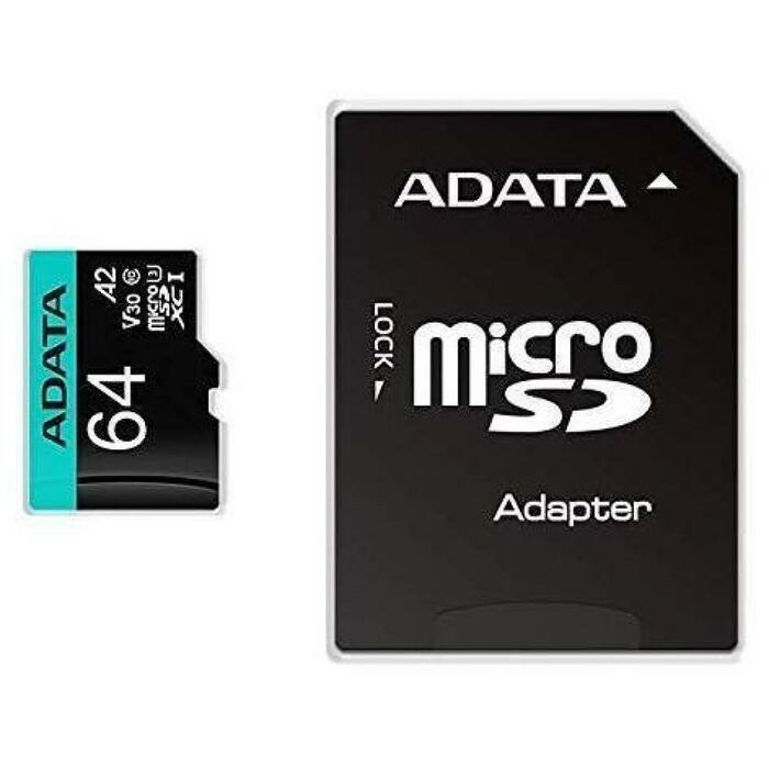 Adata карта памяти microSDXC AUSDX64GUI3V30SA2-RA1 64GB, скорость чтения 100MB/s, скорость записи 80MB/s, UHS-I, U3, V30, IPX7 (AUSDX64GUI3V30SA2-RA1)