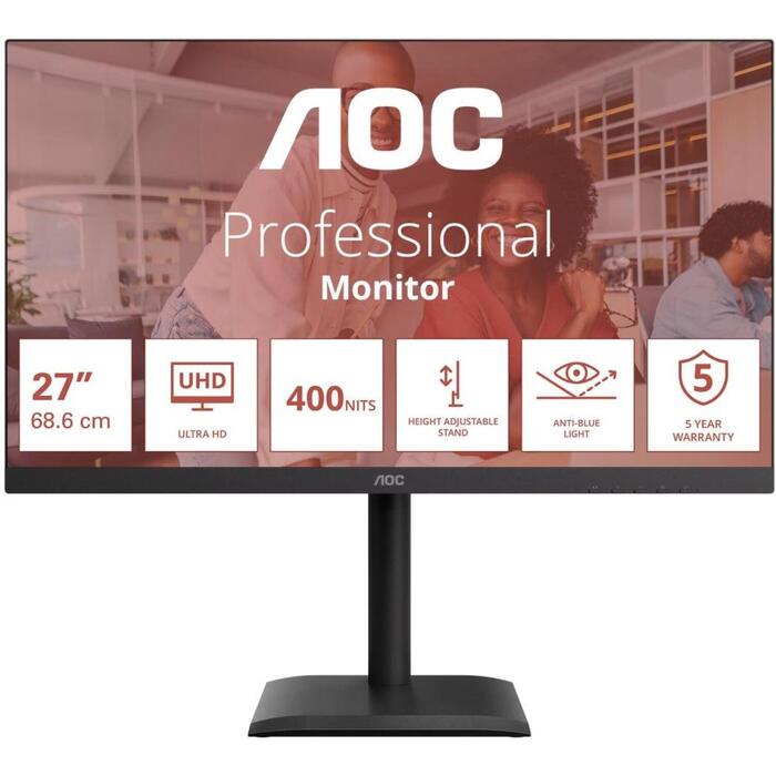Aoc ЖК монитор U27E4CV, 27", 3840 x 2160 пикселей, 400 cd/m², 60 Гц, 4 мс, 2xHDMI, USB-C PD 90W, IPS, черный (U27E4CV)