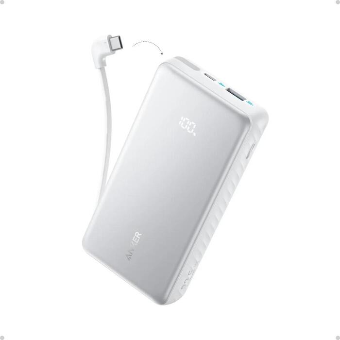 Anker Power Bank 22.5W, Built-In USB-C Cable | Zolo | 20000 mAh | USB-C | White (A110EH21)