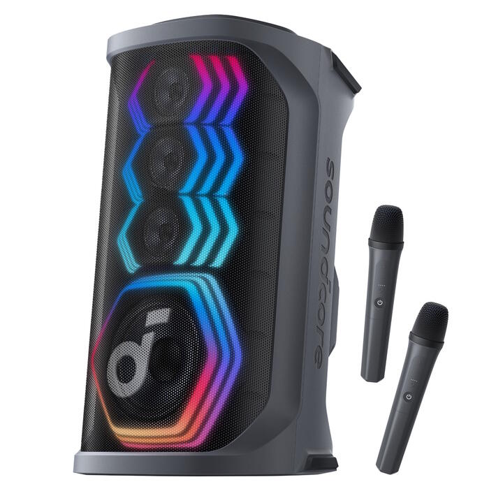 Bluetooth 200W Karaoke Bluetooth Partybox sistēma ar 2 bezvadu mikrofoniem un viedo dziesmas vārdu noņemēju Melns A31A3012 Anker (A31A3012)