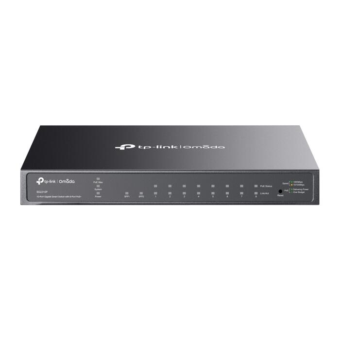 Tp-Link Omada SG2210P коммутатор, 8x гигабитных PoE+ портов, 2x SFP слоты, 61W PoE бюджет, 20 Гбит/с, без вентилятора (SG2210P)