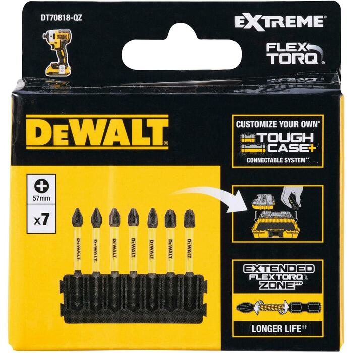 Dewalt FlexTorq 57mm PH битный набор DT70818-QZ PH1 x2, PH2 x3, PH3 x2, 7 шт., Пластиковый кейс, Перерабатываемая упаковка (DT70818-QZ)