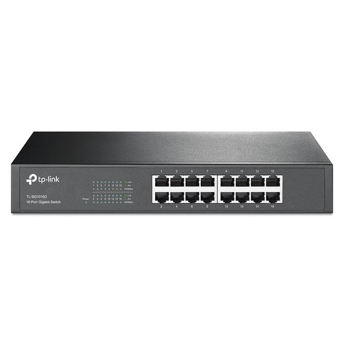 Сетевой коммутатор 16 × Gigabit RJ45 неуправляемый TL-SG1016D 16 × 10/100/1000 Mbps Auto MDI MDIX настольный рэковый монтаж Черный TP-Link (TL-SG1016D)