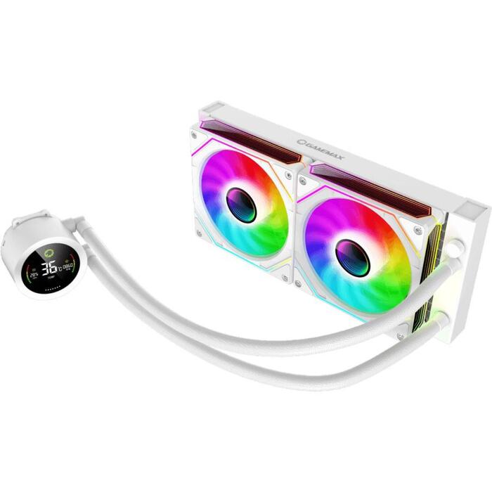 Gamemax procesora šķidruma dzesētājs ICEBURG 240 DIGITAL WH, 58.8 cfm, 800-1800 rpm, TDP līdz 245W, 4-pin PWM, keramiskā gultņa (ICEBURG 240 DIGITAL WH)