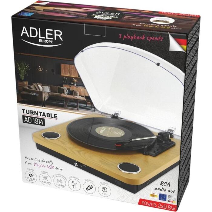 Adler Виниловый проигрыватель AD 1914w, 33.3 RPM, 45 RPM, 75 RPM, USB, Bluetooth 5.4, 2x0.8 W динамики (AD 1914w)