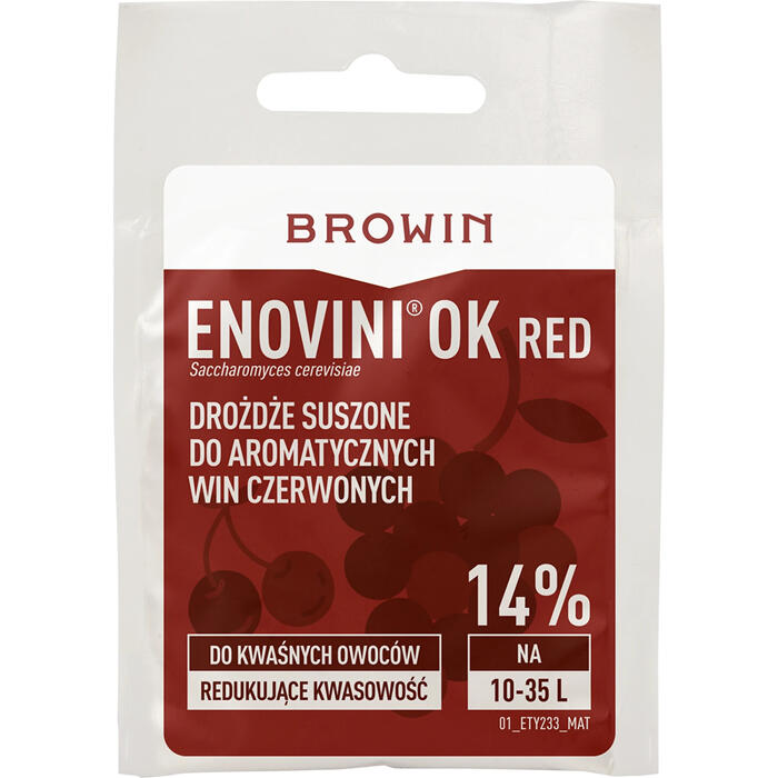 Browin Enovini® OK RED винные дрожжи 400390, 7 г, 25 Л, для красного вина, снижает кислотность на 20-24% (400390)