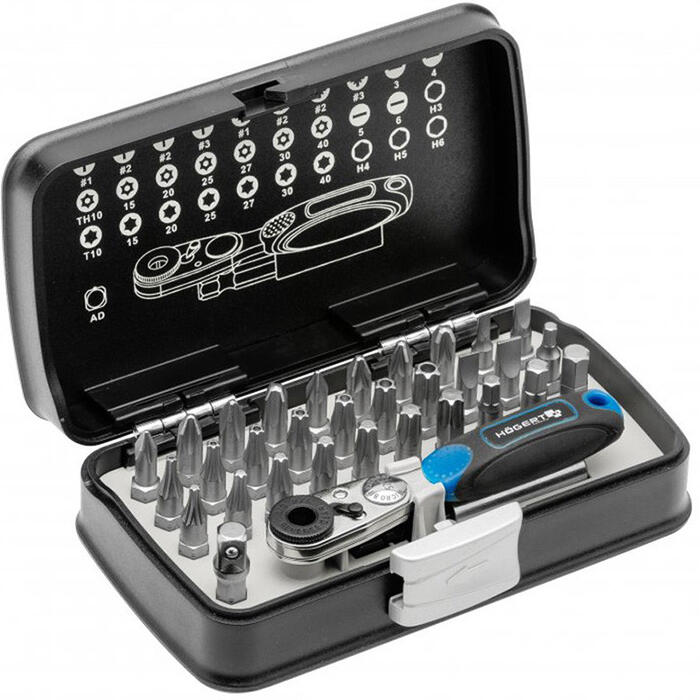 Hogert набор бит для отвертки HT1R460, 33 шт., HEX 3-6mm, PH1-3, PZ1-3, T10-40, 52 зуба, пластиковый ящик (HT1R460)