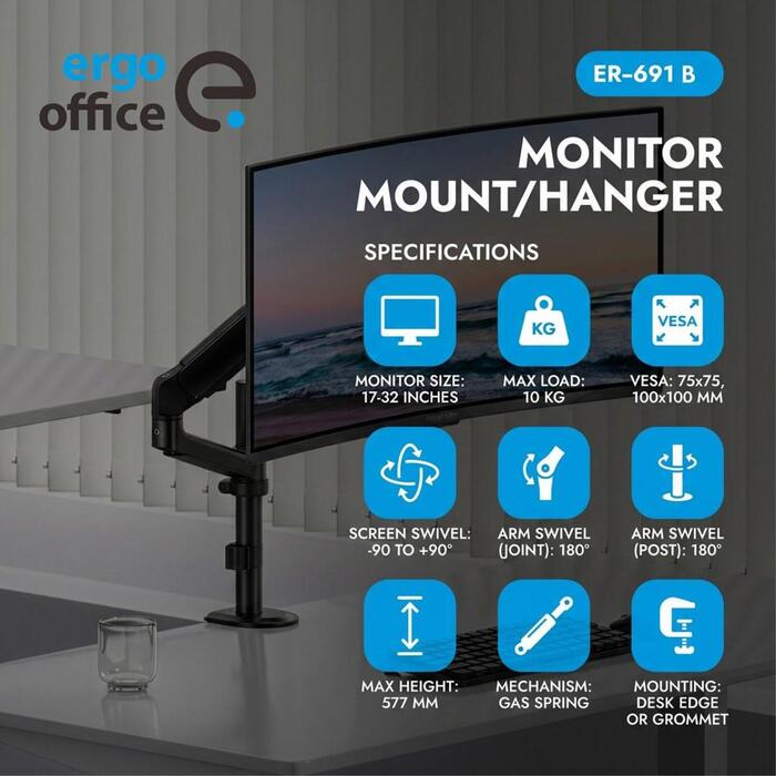 Ergo Office Monitor Mount/Hanger, Gas Spring
