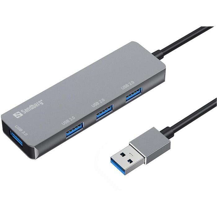Sandberg USB хаб 333-67, 1xUSB 3.0, 3xUSB 2.0, 5000 Mbit/s, алюминий, серый, 4 порта (333-67)