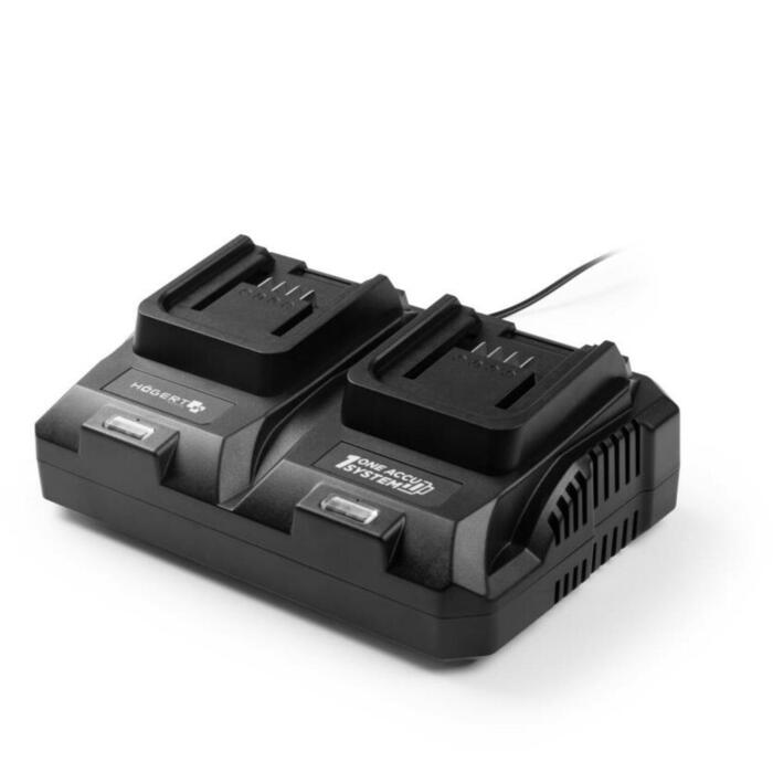 Hogert Dubultais akumulatoru lādētājs HT2E283-DC8 18V, 2×4 A, 2 porti, 230 V, aizsardzība pret pārkaršanu, īssavienojumu, pārlādēšanu (HT2E283-DC8)