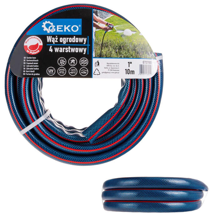 Geko dārza šļūtene G73780, 1 colla, 10m, 4 slāņi, UV stabilizēta, pret aļģēm, 24bar, -10 līdz +60°C (G73780)