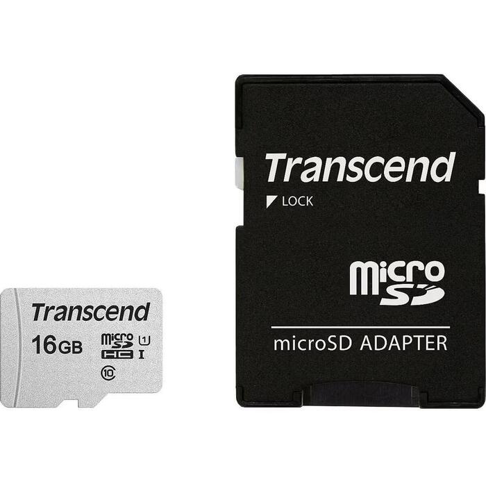 Transcend microSDHC карта памяти TS16GUSD300S-A, 16GB, Class 10, UHS-I U1, 95MB/s чтение, 10MB/s запись, SD адаптер (TS16GUSD300S-A)