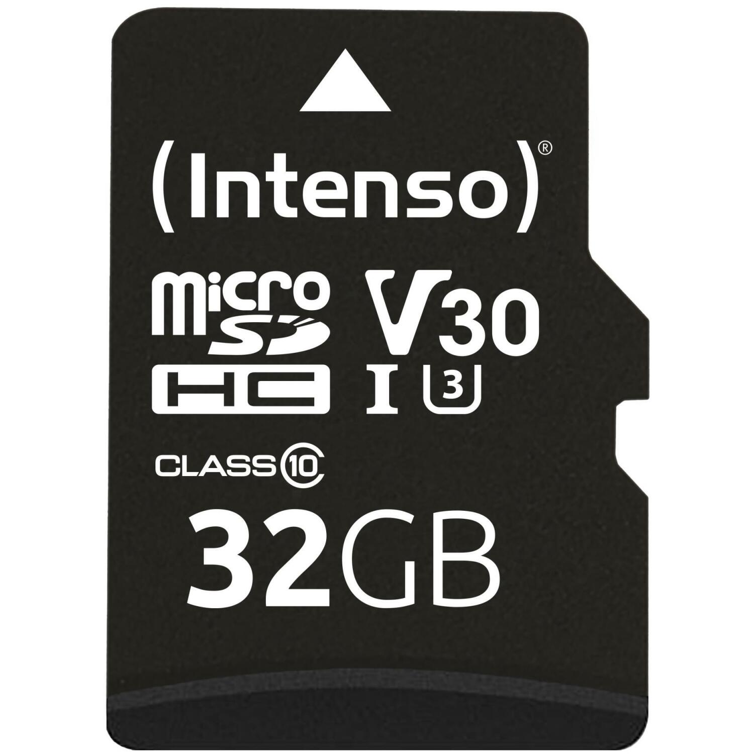 Intenso карта памяти microSDHC 3433480 32 ГБ, скорость чтения 100 МБ/с, скорость записи 45 МБ/с, UHS 3, V30, адаптер в комплекте (3433480)
