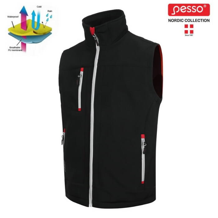Softshell veste, PESSO, SOFTBLACKM, melna, M, ūdensnecaurlaidība līdz 8000 mm, gaisa caurlaidība 5000g/m²/24 (SOFTBLACKM)
