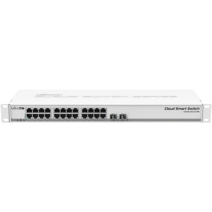 Mikrotik CSS326-24G-2S+RM управляемый коммутатор, 24 RJ-45 Gigabit порта, 2 SFP+ порта, 4000 VLAN, DC/PoE, 19 W (CSS326-24G-2S+RM)
