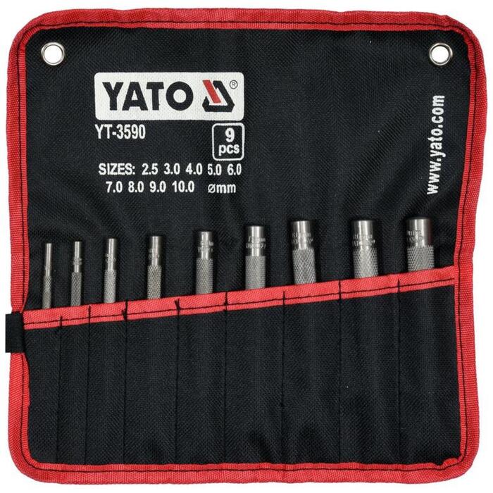 Yato набор пробойников YT-3590, 9 шт, 2.5-10 мм, углеродистая сталь #45, для резки, кожи, резины, картона, в кейсе (YT-3590)