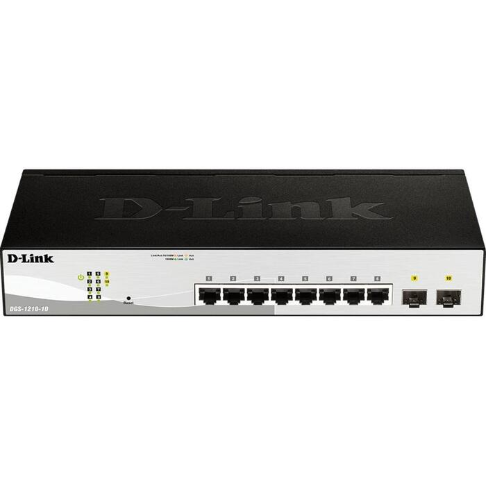 D-Link коммутатор DGS-1210-10/E, 8x Gigabit Ethernet, 2x SFP, 20 Gbit/s, L2 управляемый, 1U, черный, серый (DGS-1210-10/E)