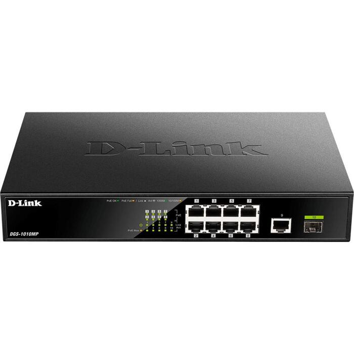 D-Link DGS-1010MP коммутатор, 8xPoE+ 10/100/1000, 1xGbE, 1xSFP, 125W, 20Gbps, 1U, без вентилятора (DGS-1010MP/E)