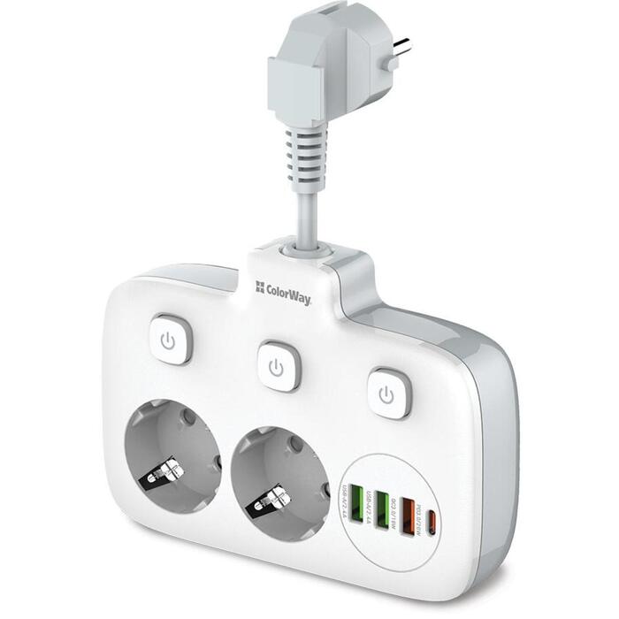 Colorway силовая розетка CW-CHE24PDW, 1 USB Type-C (PD), 1 USB-A (QC3.0), 2 USB-A (AUTO-ID), 2500W, 100-240V (CW-CHE24PDW)