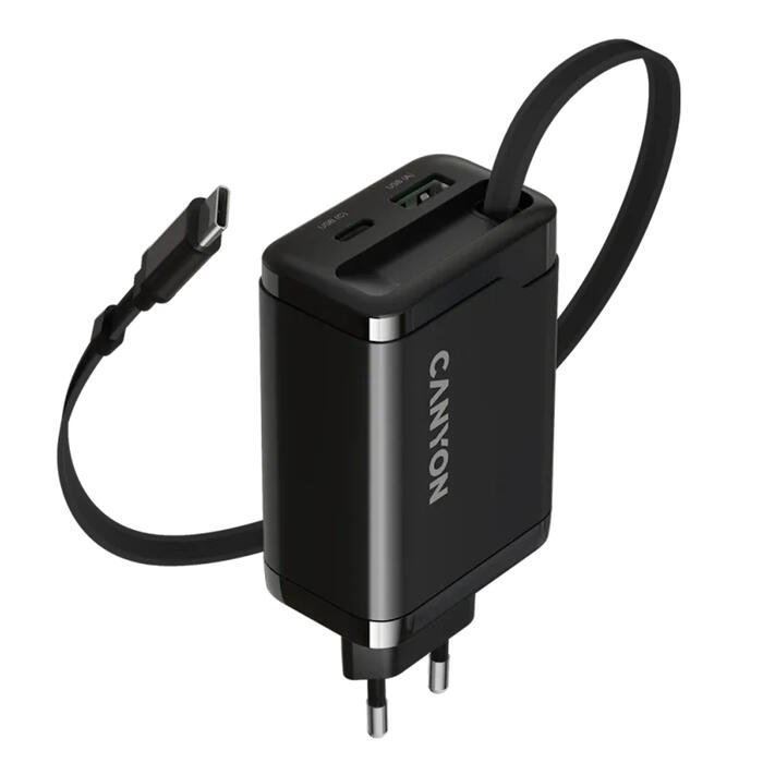 Компактное сетевое зарядное устройство со встроенным USB C кабелем общей мощностью 65 Вт портами быстрой зарядки 1×PD и 1×QC OnCharge 65RC Build In Cable EU Чёрный CNS-CURC65ACB CANYON (CNS-CURC65ACB)
