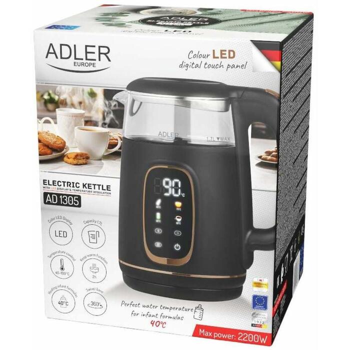 Adler Чайник с LED дисплеем AD 1305bg, 2200 Вт, 1.7 Л, Пластик, 5 температурных настроек, автоматическое отключение (AD 1305bg)