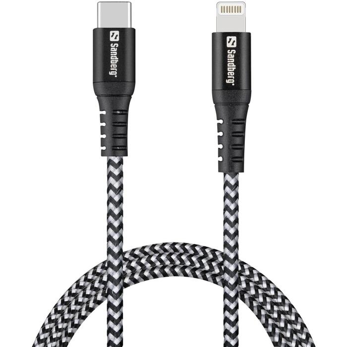 Sandberg USB-кабель 441-55, 1м, 60Вт, 3А, 480 Мбит/с, USB Type-C на Lightning, черный и белый цвет, прочные разъемы (441-55)