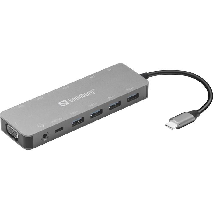 Sandberg USB-C 13-in-1 дорожная док-станция 136-45, 1xUSB-C для питания, 1xUSB-C для данных, 2xHDMI, 1xVGA, 3xUSB 3.0 A, 1xUSB 2.0 (136-45)