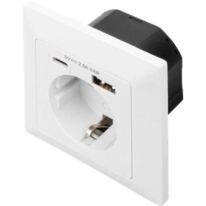 Digitus безопасная розетка DA-70615, 5V, 2.8A, 1 x USB Type-C, 1 x USB A, 2 USB разъема, 2P+E (DA-70615)
