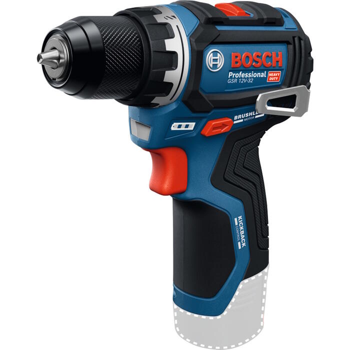 Bosch GSR 12V-32 Professional 06019N7000 аккумуляторный шуруповёрт-дрель 12 V бесщёточный мотор 21/32 Nm крутящий момент 2-скорости 0–1800 об/мин ключевой патрон 0,8–10 мм Advanced KickBack Control LED-подсветка ременной зажим без батареи и зарядного устр