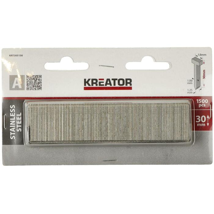 Kreator гвозди тип A KRT305130, 30мм, 1500 шт, корона 1,8мм, толщина проволоки 1мм, глубина проволоки 1,25мм, калибр проволоки 18 (KRT305130)