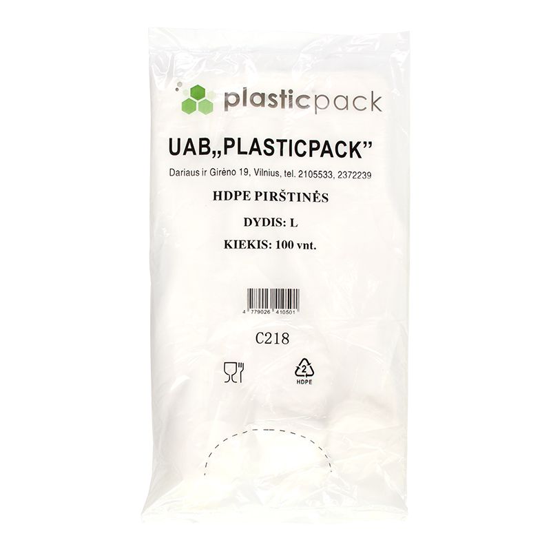 Polietilēna cimdi PLASTICPACK, HDPE, L izmērs