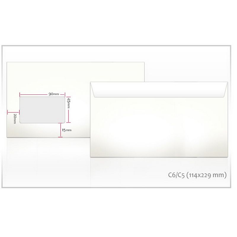 Aploksnes E65 RH formāts, 114x229mm, ar logu 45x90, 1000 gab./iepak., 80g/m2 (200-11541)