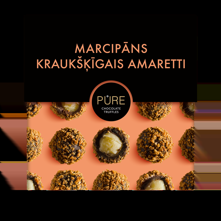 Šokolādes trifeles ar marcipāna krēma pildījumu un kraukšķīgo Amareto cepumu dekoru  96g, PURE (450-25667)