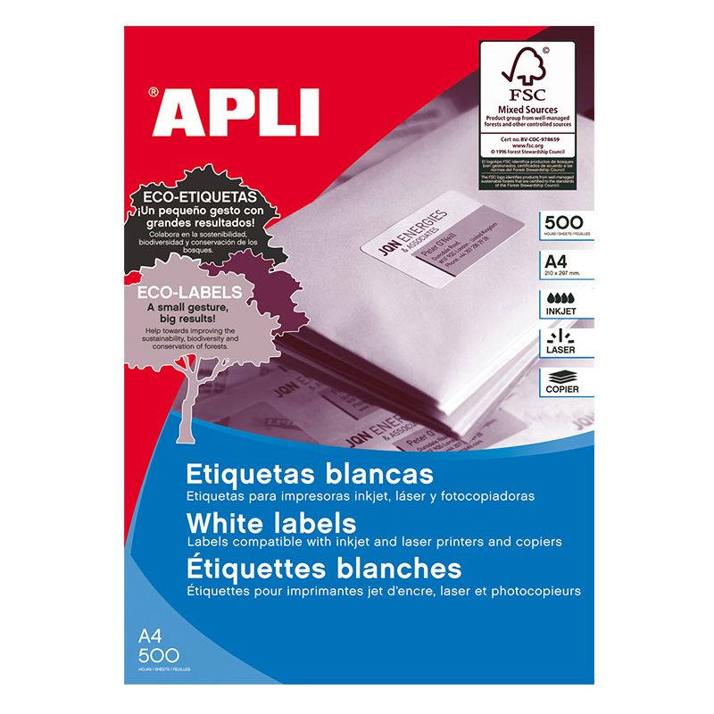 Uzlīmes APLI ILC ar izmēru 105x74 mm, 500 loksnes/8 uzlīmes balts (100-02414)