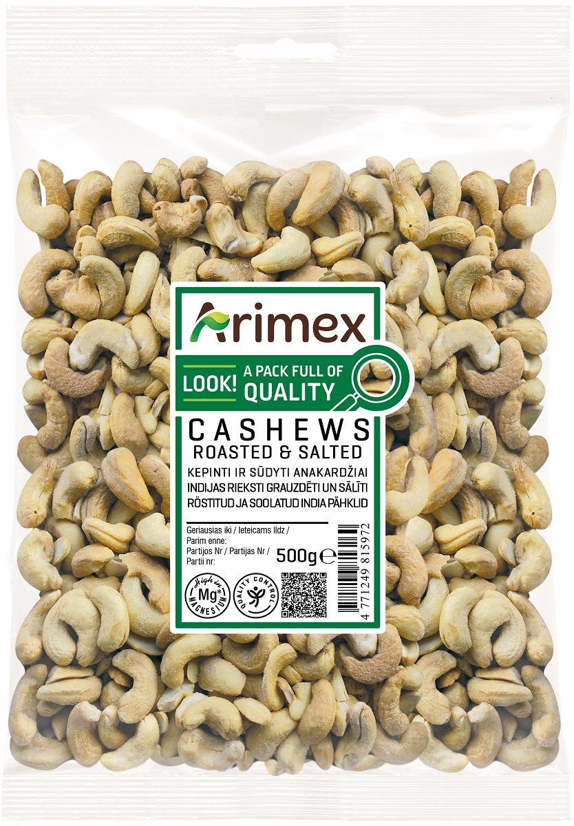 Indijas rieksti grauzdēti, sālīti ARIMEX, 500g