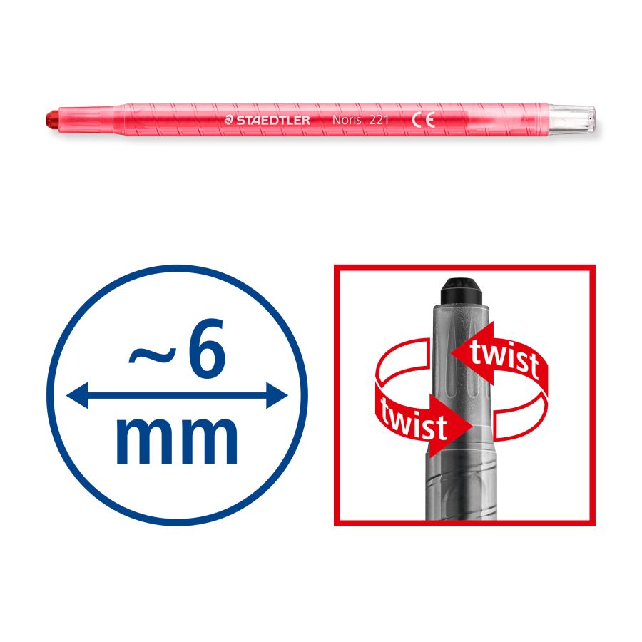 Vaska krītiņi plastmasas korpusā STAEDTLER NORIS CLUB 221 diametrs 6mm, 12 krāsas (200-03768)