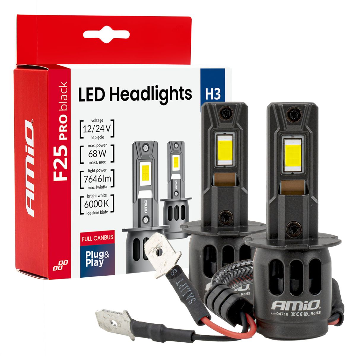 LED Headlights Series F25 PRO BLACK FULL CANBUS H3 68W 12V 24V AMIO-04718 (04718)