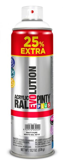 Akrila krāsa aerosolā balts matēts RAL 9010 Evolution PintyPlus 500ml (426)