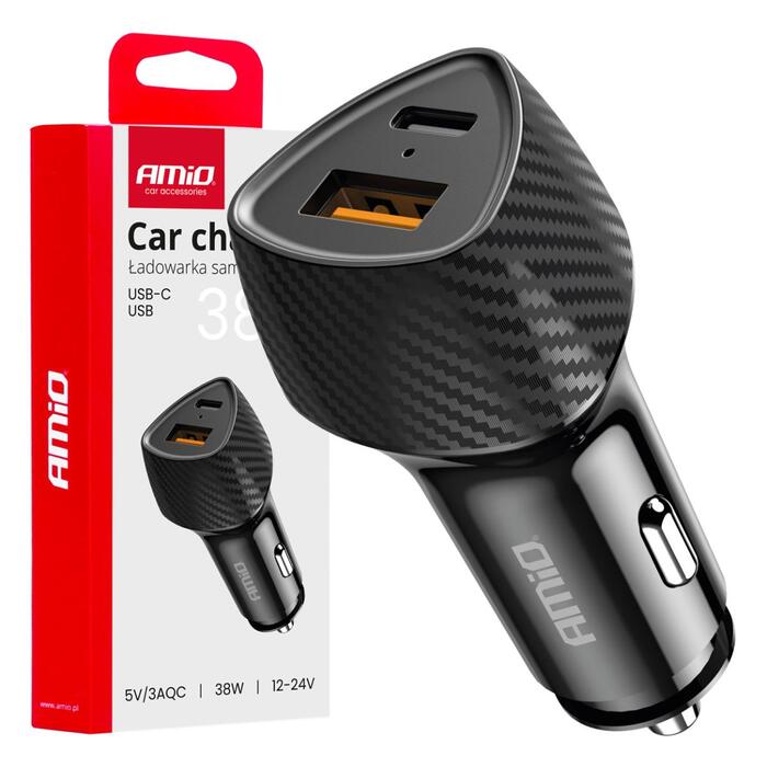Auto USB lādētājs QC+PD 38W USB-A + USB-C AMIO-04283 (04283)