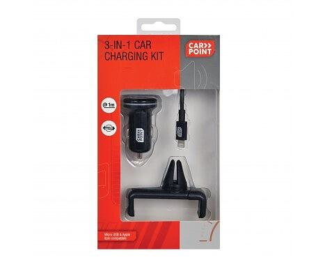 2.4A 3in1 iPhone lādētājs ar 12/24V piepīpētāju + telefona turētājs CARPOINT (0517033)