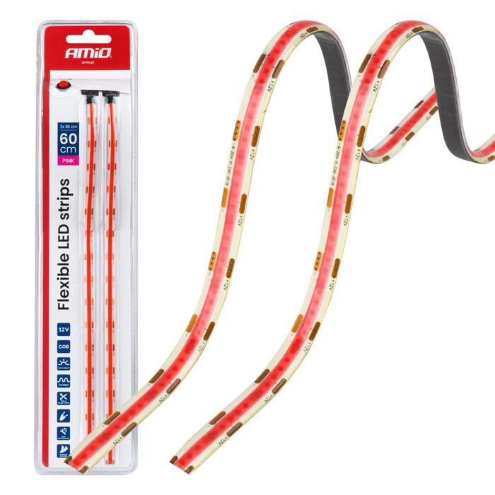 Elastīgas auto salona LED lentas rozā krāsā 2x30cm 12V AMIO-04570 (04570)