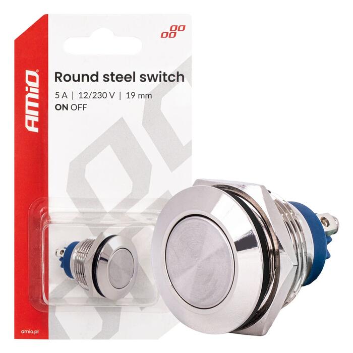 Apaļais tērauda slēdzis IESLĒGT/IZSLĒGT 19mm 5A 12/230V AMIO-04474 (04474)