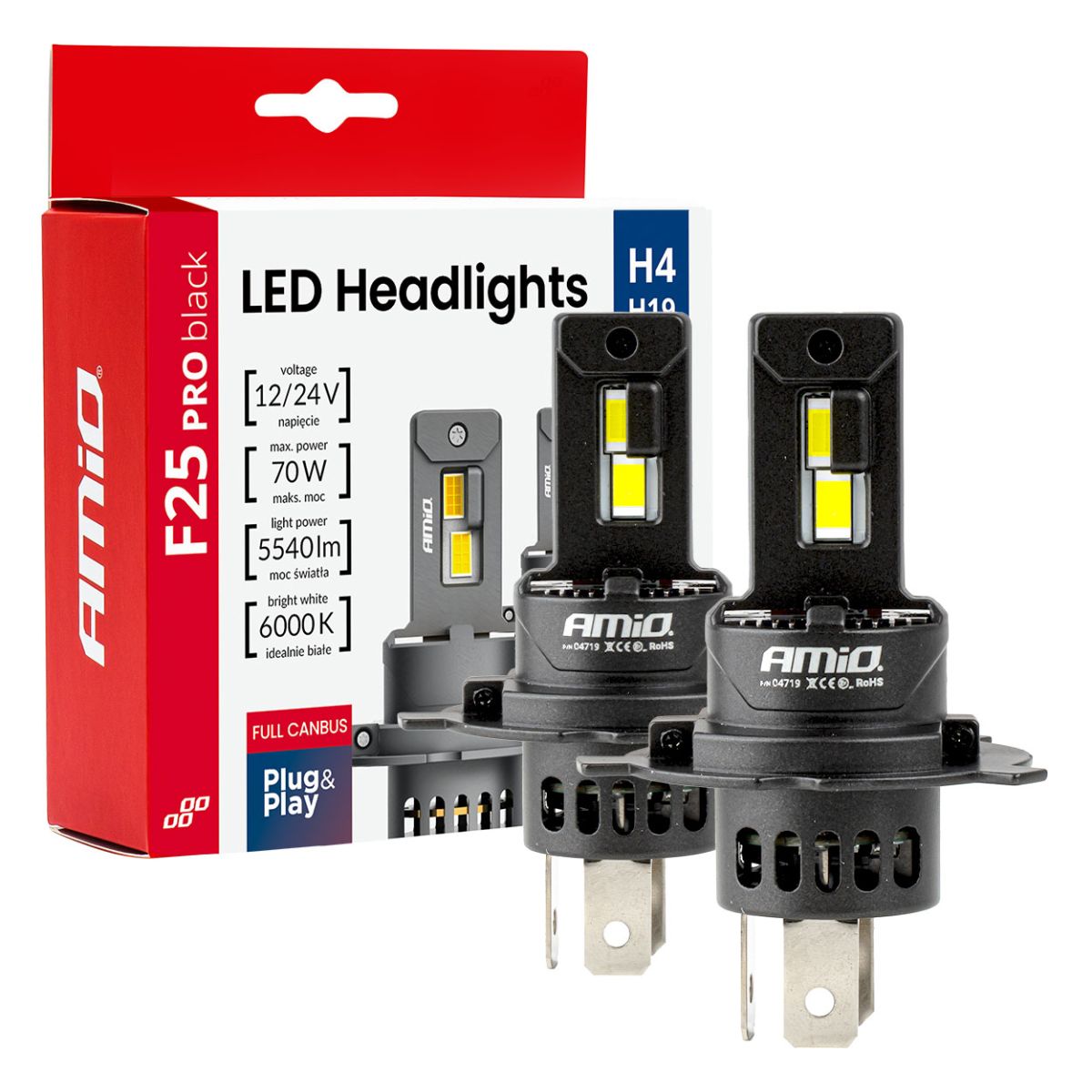 LED Headlights Series F25 PRO BLACK FULL CANBUS H4 H19 70W 12V 24V AMIO-04719 (04719)