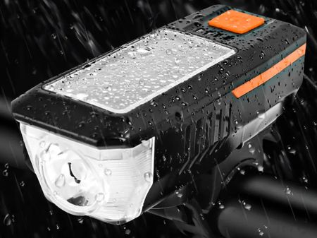 Velosipēda priekšējais lukturis melns CREE T6 USB / saules baterija + skaņas signāls (P14491)