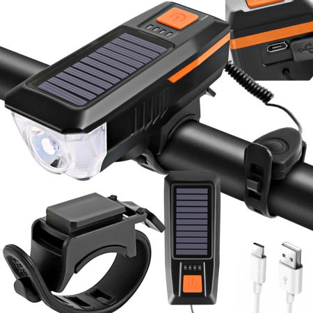 Velosipēda priekšējais lukturis melns CREE T6 USB / saules baterija + skaņas signāls (P14491)