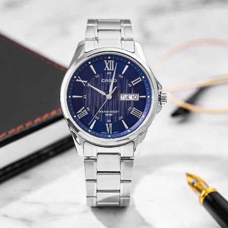CASIO Vīriešu rokas pulkstenis MTP-1384D-2A (ZD108D) + BOX silver/blue